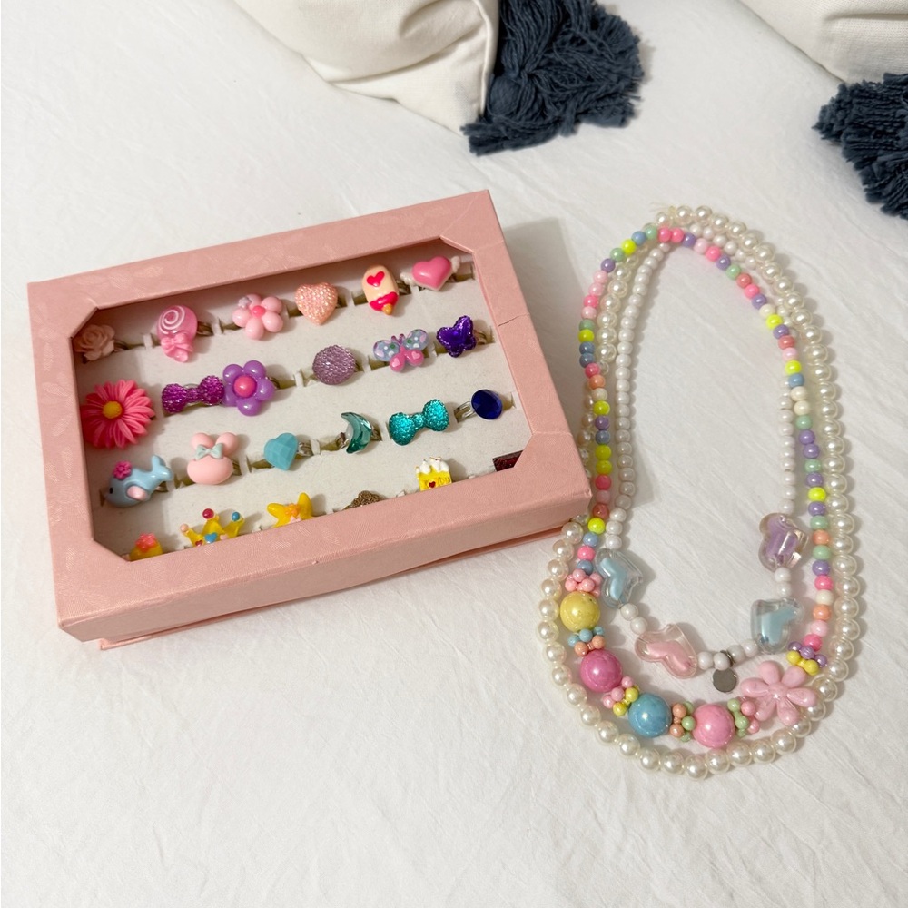 Colorful Beaded Necklace and Ring Set for Kids